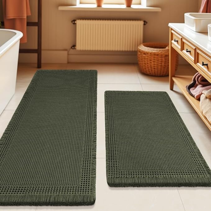 Waffle Bath Mat Set 2 Piece, Boho Woven Modern Bath Rug Absorbent Non Slip, Soft Bathroom Mats, Machine Washable Knit Bath Rugs with Border for Bathroom, Bedroom, Kitchen, Shower, Tub, Dark Green