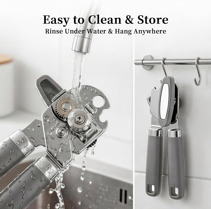 Can Opener Manual, Hand Heavy Duty Stainless Steel Bottle Opener Comfortable Handle, Sharp Blade Smooth Edge, Multifunctional Kitchen Tool, Gray