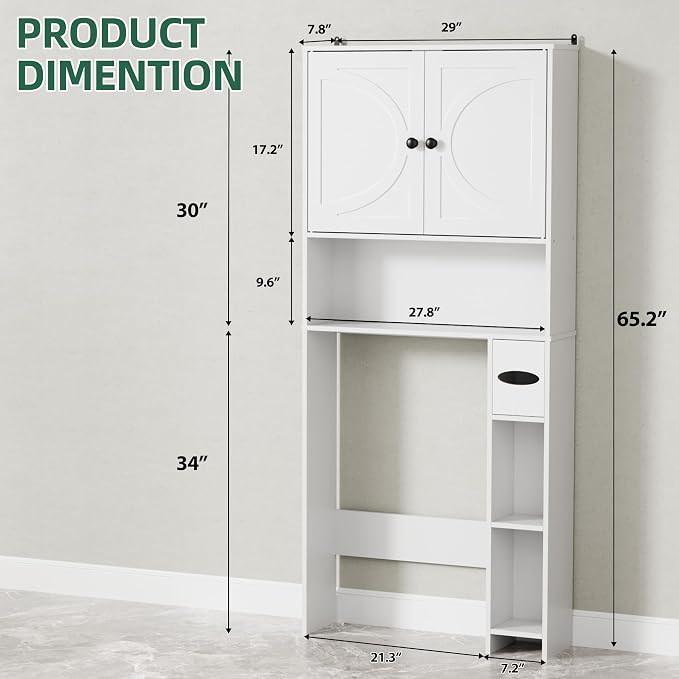 Over The Toilet Storage Cabinet with Barn Doors, Freestanding Bathroom Space Saver Organizer Over Toilet with Adjustable Shelves & Toilet Paper Holder, Waterproof Bathroom Cabinet, White