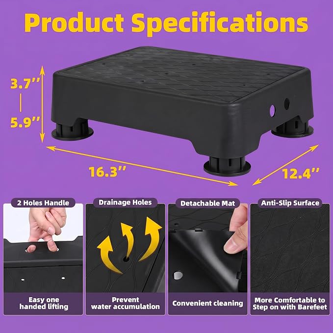 Adjustable Step Stool, 700 LBS Capacity Safety Bed Step for Seniors, Exercise Setp Platform, Portable Stair Assist for Elderly, Wide Step up for Kitchen, Car, Bedside & Shower, Black