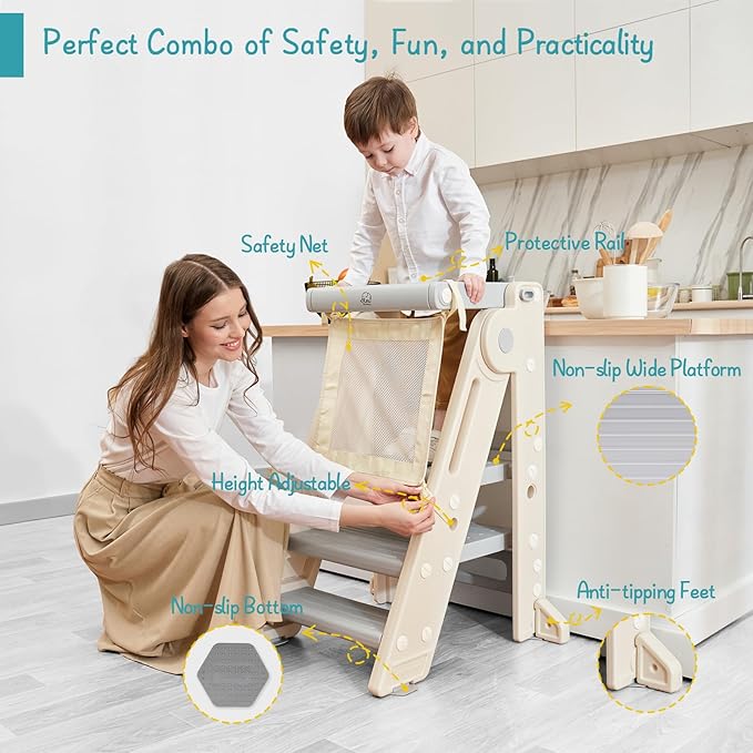 Forbena Foldable Toddler Tower Kitchen Learning Stool Helper, Montessori Kids Standing Tower for Counter, Collapsible Adjustable Baby Child Step Stool with Safety Net for Bathroom Sink (Grey)