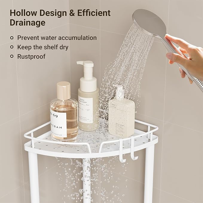 ELYKEN Corner Shower Caddy Standing, 3 Tier Rustproof Metal Shower Organizer with Soap Holder, Floor Shower Corner Shelf Rack Storage Stands with Adjustable Feet & 2 Hooks for Bathroom, White