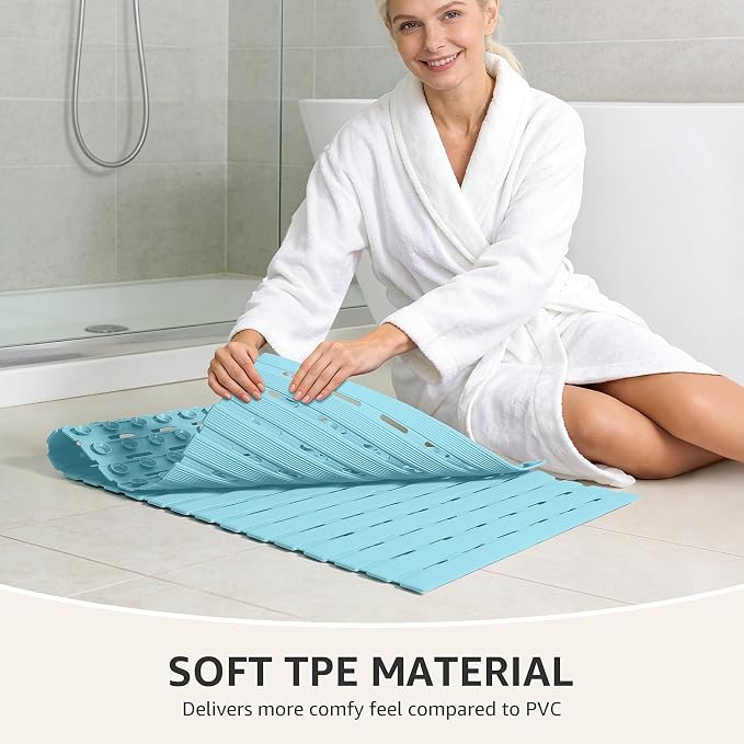 OTHWAY Shower Mat Non Slip, 36.6" x 16.9" Non Slip Soft Bath Mat for Tub, Shower Anti Slip Mat with Suction Cups, Easy to Cut Shower Floor Mat, Machine Washable Bathtub Mat, Light Blue