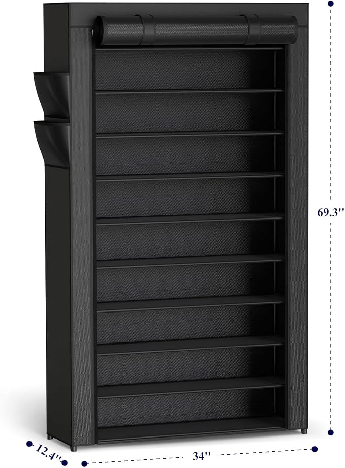 Kitsure Shoe Rack - 10-Tier Large Capacity Shoe Organizer Shelf with Dust Cover & Side Pockets, Rust-Proof Metal Shoe Rack for Closet, Entrance, Living Room, 33.6" x 12.4" x 69.3", Black