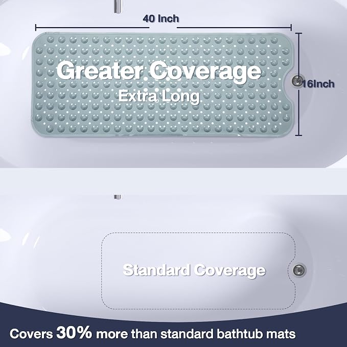Extra Long Bathtub Mat Non Slip, Mint Green Soft Bath Mat for Tub 40 x 16 Inch Full Size, Bath Tub Shower Mats for Bathroom Floor, Big Suction Cups and Drain Holes, Easy Washable, BPA Free