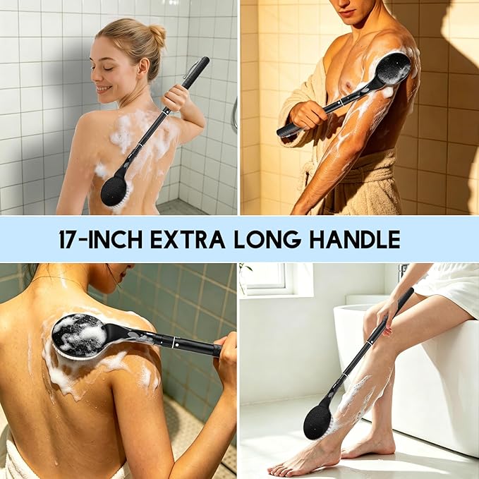 Back Scrubber for Shower, 17.52" - 25.7” Telescopic Back Washer for Shower with Anti-Slip Long Handle, Soft Nylon Bristles, Detachable Back Brush for Shower for Men Women Elderly