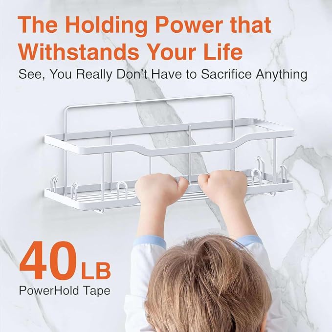 Shower Caddy Bathroom Shelves, The Athena Silken 4 Set, 40LB Capacity, Adhesive Tape -No Drill -Rustproof -Gorgeous Powder Coated 304 Stainless Steel Shower Organizer for kitchen & Home Decor - White