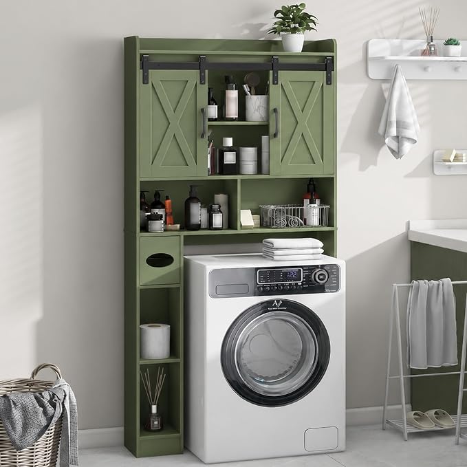 Vabches Over The Toilet Storage Cabinet, Farmhouse Storage Cabinet Over Toilet with Sliding Doors，Home Space-Saving Toilet Rack, for Bathroom, Restroom, Laundry, Green