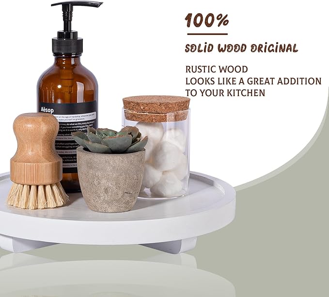 Round Decorative Tray Wood Bathroom Counter Organizer Farmhouse Kitchen Decor Wooden Riser for Soap Dish, Perfume, Candle, Sponge, 10" - White