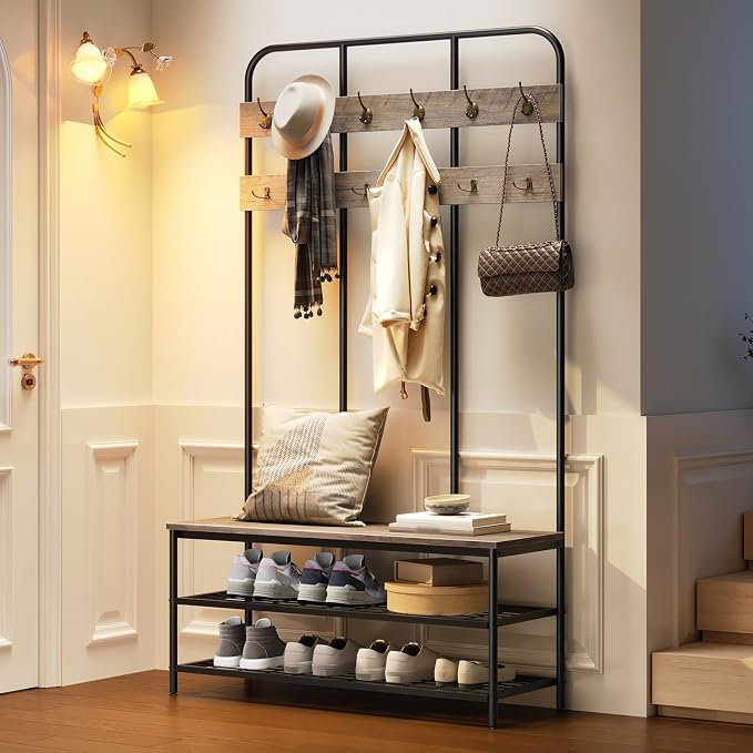 HOOBRO Hall Tree with Bench, Entryway Bench with Coat Rack, Mud Room Rack with 12 Double Hooks and Shoe Storage, Coat Tree, Shoe Organizer, for Foyer, Front Door, Greige and Black BG05MT01