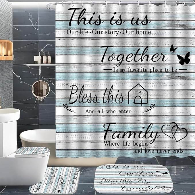 4Pcs Family Shower Curtain Sets with Non-Slip Rugs, Toilet Lid Cover and Bath Mat, Wood Grain Home Bathroom Decor Set Accessories Waterproof Shower Curtains with 12 Hooks, 72 x 72 Inch