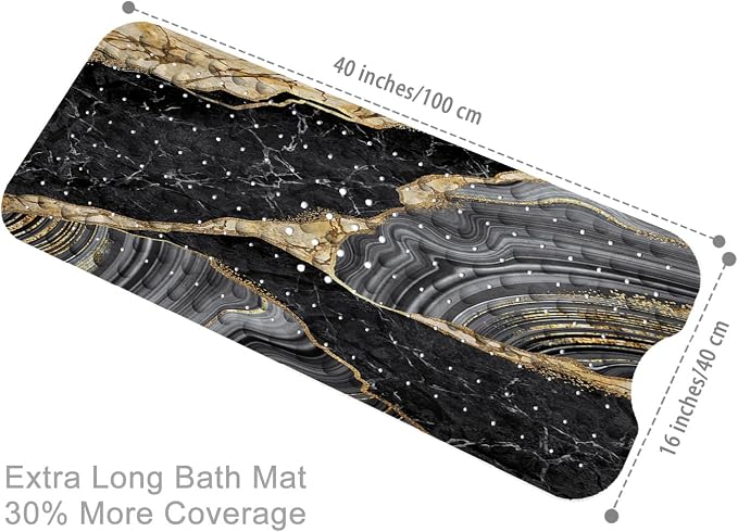 Bathtub Mat Non Slip, 40x16 inch Bath and Shower Safety Mats, Black Marble and Golden Veins Tub Mat for Bathroom, Tub Shower Mat with Drain Holes and Suction Cups