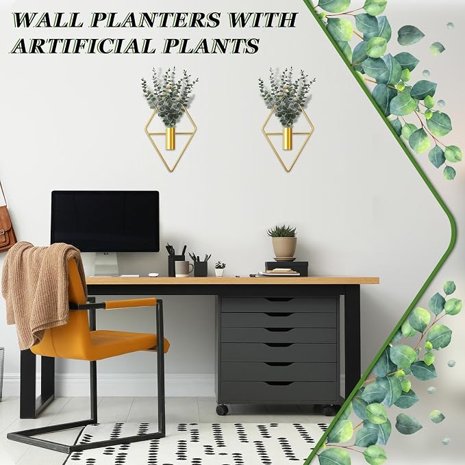 Jexine 4 Pcs Hanging Planters with Artificial Eucalyptus Metal Hanging Vase Indoor Plants Holder Modern Geometric Boho Bathroom Wall Decor for Living Room Home Office (Eucalyptus,Gold)