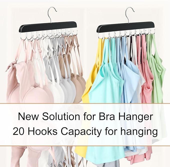 Bra Hanger for Closet, Tank Top Organizer 20 Hooks Capacity Foldable Wood Space Saving Hanger Closet Organizers and Storage for Dorm & Apartment for Tank Top, Hats, Scarf etc.