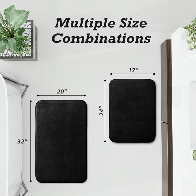 HUXMEYSON Bathroom Rugs Sets 2 Piece, Non-Slip & Quick Dry Bath Mat Set, Ultra Soft Velvet Bath Rugs for Bathroom, Toilet and Shower Floor, Black