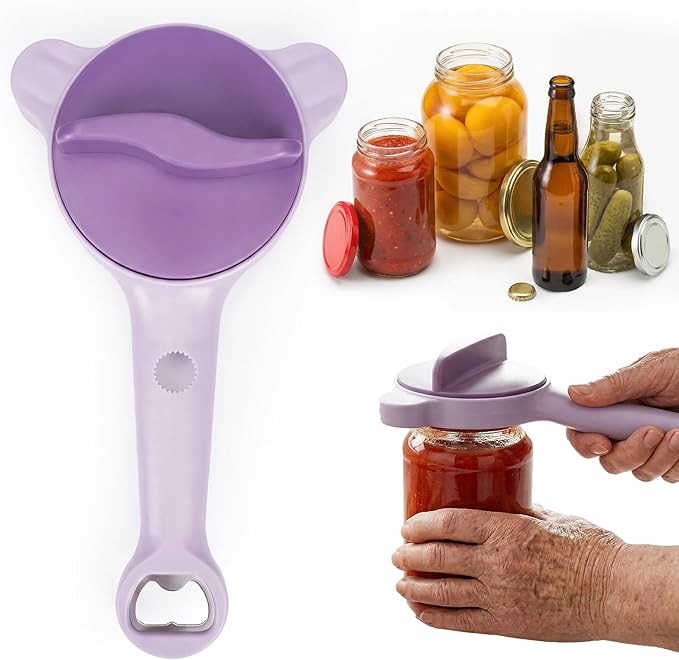 4-in-1 Adjustable Jar Opener for Seniors & Weak Hands - Multifunctional Stainless Steel Can Opener, Bottle Cap Gripper for Arthritis Sufferers - Kitchen Gadgets for Easy Opening（Purple）