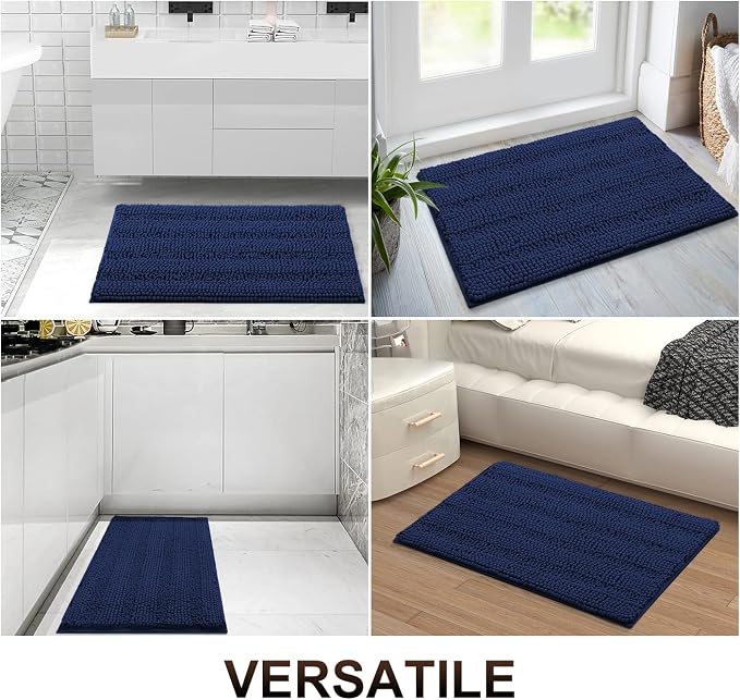 Grandaily Chenille Striped Bathroom Rugs 30x20, Extra Thick and Absorbent Bath Mats, Non-Slip Soft Plush Shaggy Shower Carpet, Machine Wash Dry, Bath Rug for Bathroom, (Medium, Navy)