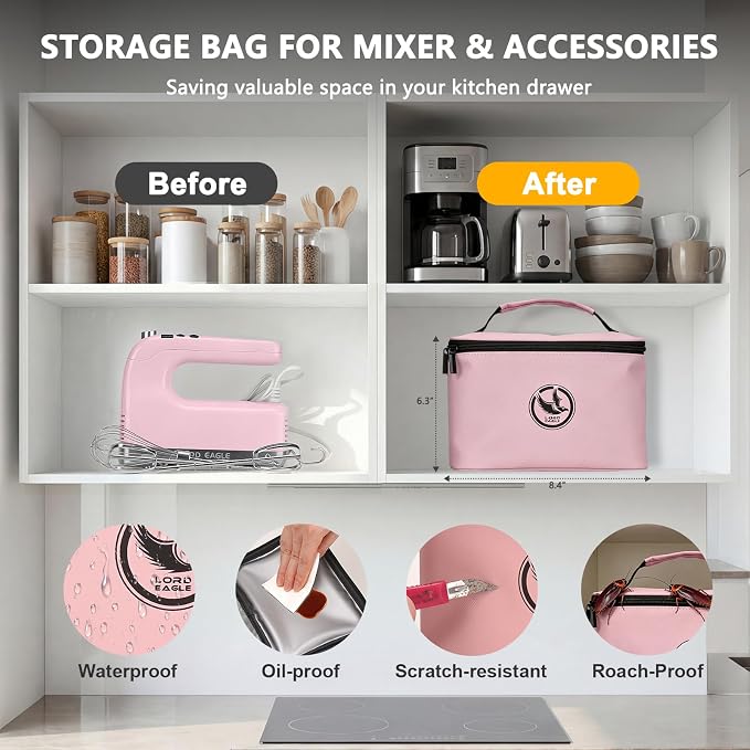 Lord Eagle 9-Speed Digital Hand Mixer Electric Handheld, 500W DC Motor Kitchen Mixer for Cake Baking, Lightweight Egg Beaters with Stain-resistant & Waterproof Storage Bag & 6 Accessories, Pink