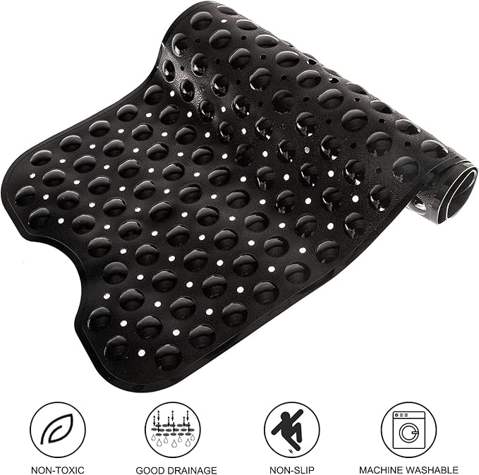 TEESHLY Bathtub Mats for Shower Tub, Extra Long Non-Slip 39 x 16 Inch Bath Mat with Drain Holes and Suction Cups, BathMat for Bathroom with Machine Washable (Opaque Black)