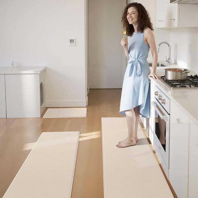 KitchenClouds Kitchen Mats for Floor,3PCS Kitchen Rugs,Non Slip Anti Fatigue Mats for Kitchen Floor,Waterproof Sink Mat,Cushioned Standing and Comfort Mats for Office,Khaki