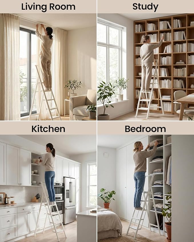 SOLADDER 5 Step Ladder, Folding Step Stool, White Foldable Iron Ladder for 10 Foot High Ceiling with Anti-Slip Wide Sturdy Pedal and Handgrip, Multi-Use for Home (300 lbs Capacity)