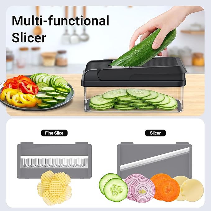 SpaceHacks 12-in-1 Vegetable Chopper, Kitchen Gadgets with 7 Blades, Veggie, Food, Onion Chopper, Cucumber Slicer, Versatile Mandoline, Includes Egg Separator & Finger Guard, Gray
