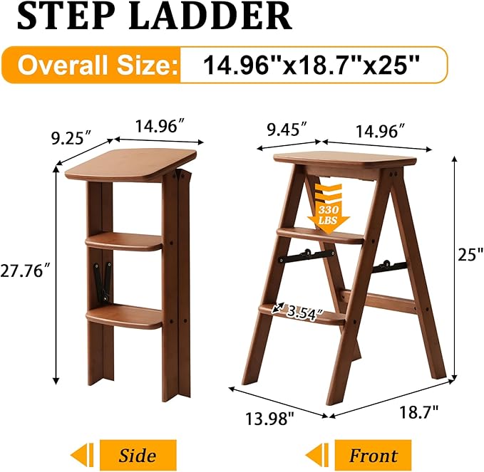 Baveke 3 Step Ladder Folding Step Stool, Wooden Step Stool Foldable, Folding Step Stools for Adults, Bamboo Kitchen Ladder, Three Stepladder for Library (Brown, FSC-Certified Bamboo)