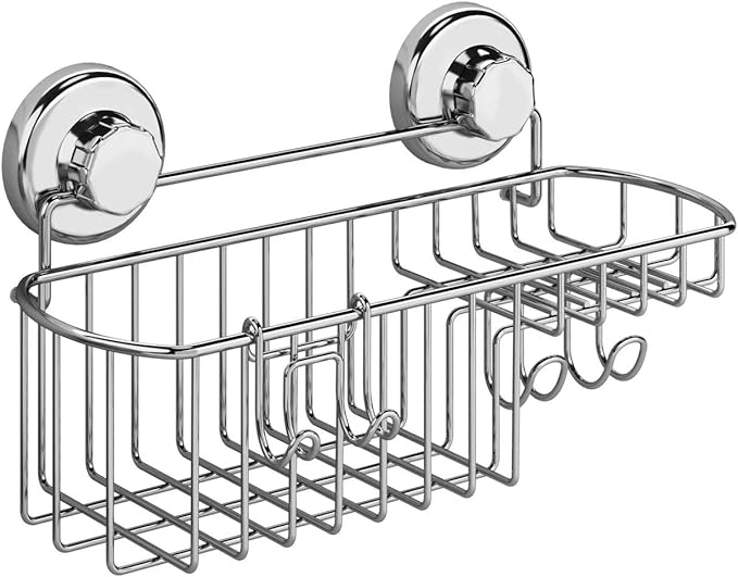 HASKO Shower Caddy Suction Cup, Shower Shelf with Soap Dish and Hooks Organizer, Suction Bathroom Shelf for Storage, Wall Mounted Basket (Polished Stainless Steel SS304)