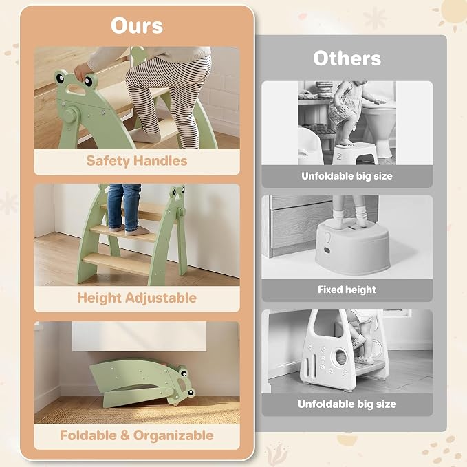 Wooden Step Stool for Toddlers, 3 Foldable Step Stool for Kids Bathroom Sink & Potty Training, Bamboo Toddler Stool with Green Frog Handles and Non-Slip Pads for Bedroom, Kitchen Helper