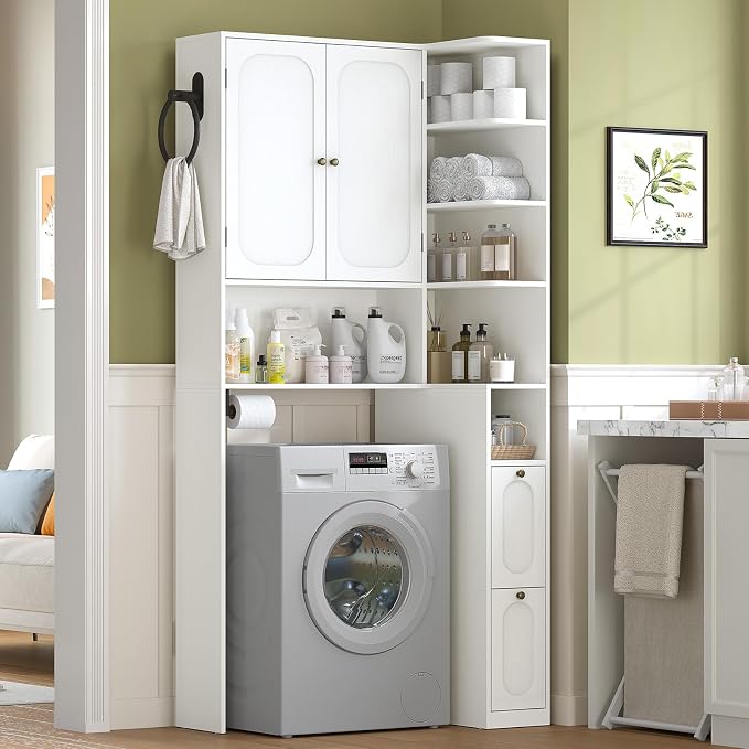 7-Tier L-Shaped Over the Toilet Storage Cabinet with Doors, 2 Large Drawers, Tissue Holder & Towel Holder, Bathroom Over Toilet Storage Cabinet with Adjustable Shelf for Bathroom, White