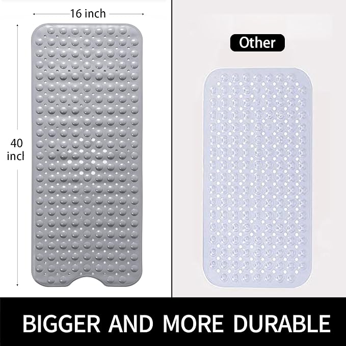 Large Non Slip Bathtub Mat, Extra Long Bath Mat for Tub, 40 x 16 Inch, Machine Washable Shower Mats with Suction Cups and Drain Holes, Bath Tub Mats for Bathroom Non Slip, Grey