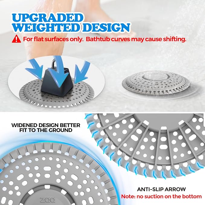 zaa Shower Drain Hair Catcher, 2 Pack Premium Silicone Drain Protector & Shower Drain Cover, Shower Installation Kits for Flat Drains of Shower Room, Bathroom, Gray