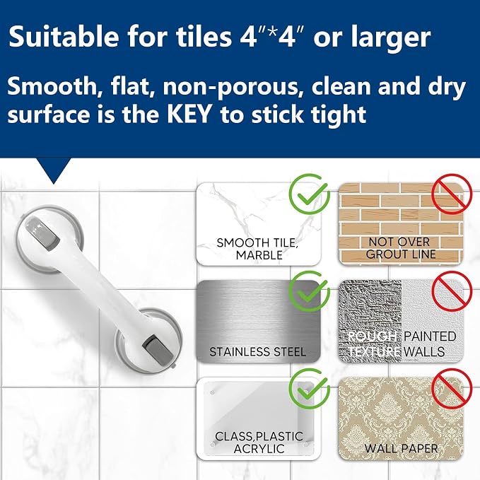 Grab Bars for Showers and Bathtubs 2 Pack, Yenisyea Suction Cup Shower Handles for Elderly and Seniors, Heavy Duty Shower Safety Bars for Bathroom Removable No Drill, 12 Inch