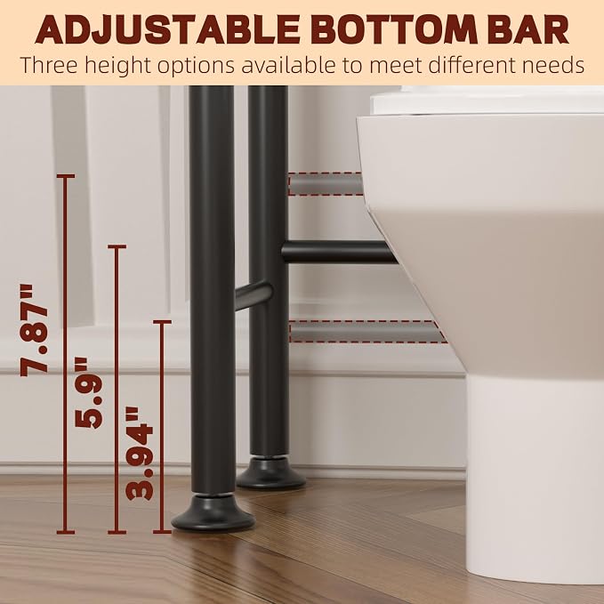 GloTika 4-Tier Over Toilet Storage with Anti-Tilt Safety System - 150lb Total Capacity Metal Bathroom Shelves Including Paper Holder & 4 Hooks, Space Saving Above Commode Organizer (69.3" H, Brown)