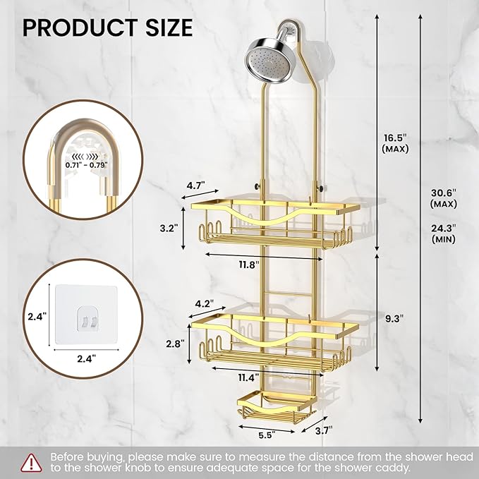 Shower Caddy Hanging Adjustable Shower Caddy, Rustproof Shower Organizer Extended Length Showers Caddy Over Shower Head with Hooks Soap Holder, Large Capacity Anti-Swing Bathroom Organizer, Gold