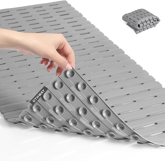 OTHWAY Non Slip Shower Mat, 36.6" x 16.9" Soft Bath Mat for Tub Non Slip, Anti Slip Shower Mat with Suction Cups, Easy to Cut Shower Floor Mat, Machine Washable Bathtub Mat, Light Grey