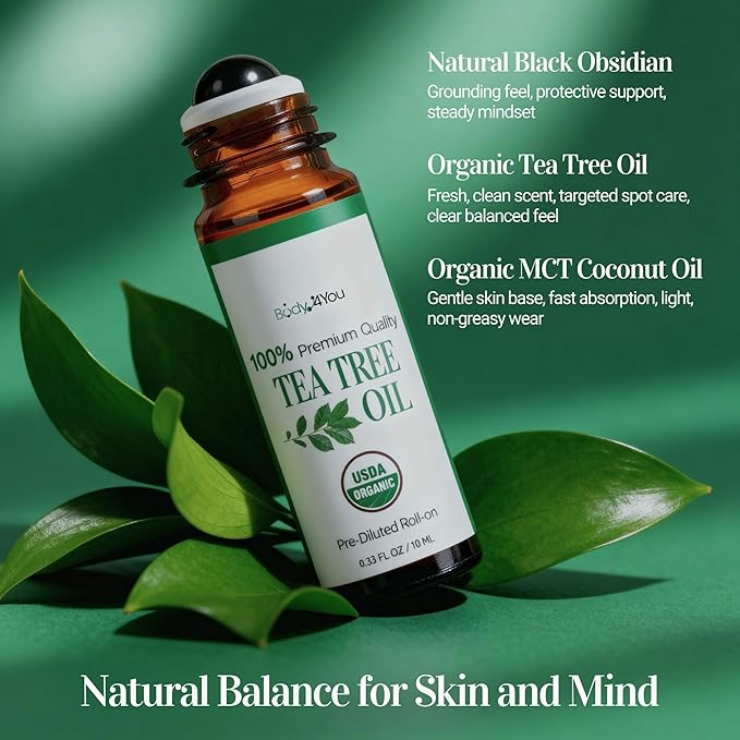 Tea Tree Essential Oil Roll On for Acne Blemish Clear Skin Care - 100% Pure USDA Organic MCT Coconut Oil - Face Body Nail Cuticle Purifying Fresh Skin Care Cleansing - Gemstone Roller 10ml Travel Size