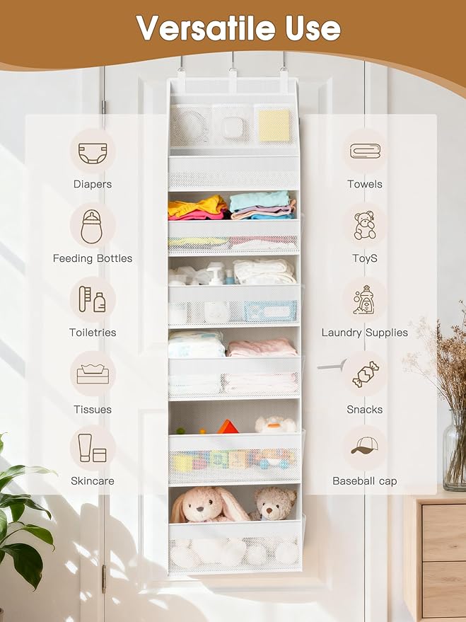 Criusia 2 Pack Over the Door Organizer, Heavy-Duty 6-Shelf Hanging Storage with 13 Mesh Pockets, 55lbs Capacity Behind the Door Storage for Nursery, Bathroom, Bedroom, and Dorm, White