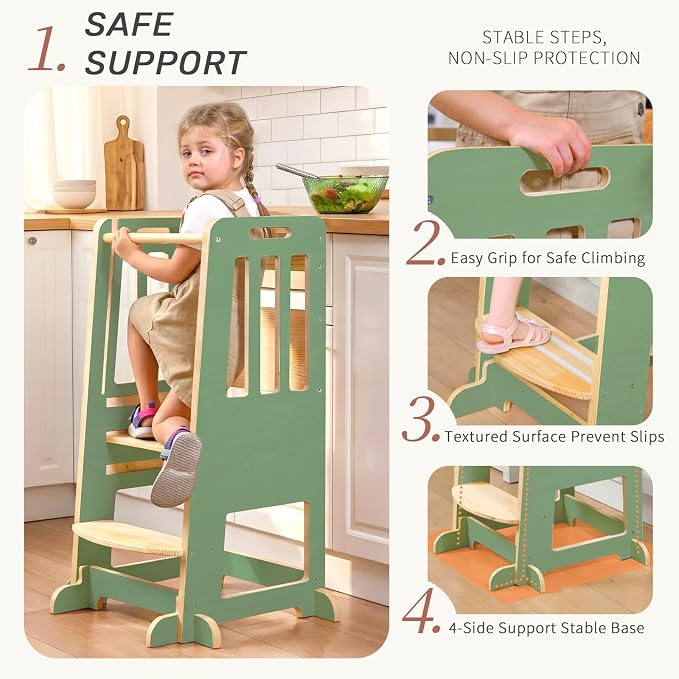 WINGYZ Toddler Tower - Anti-Tip Natural Wood Learning Stool Helper for Kids 18M-6Y, 150lb Capacity Kitchen Stool with 3-Height Adjustable Platform and Sliding Door Access, 20lb Portable Design, Green