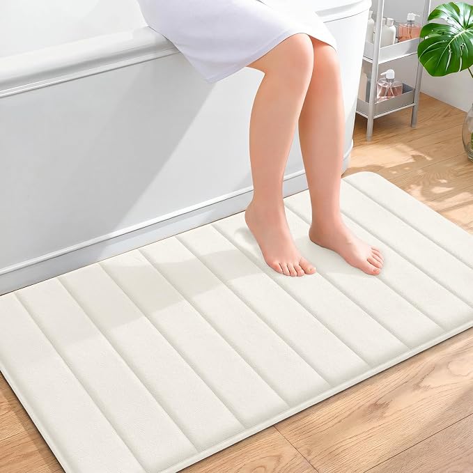 OLANLY Memory Foam Bath Mat 44x24, Super Soft Absorbent Bathroom Rugs, Quick Dry, Machine Washable Shower Floor Rugs, Bathmat Carpet, Bathroom Home Decor Accessories, Ivory