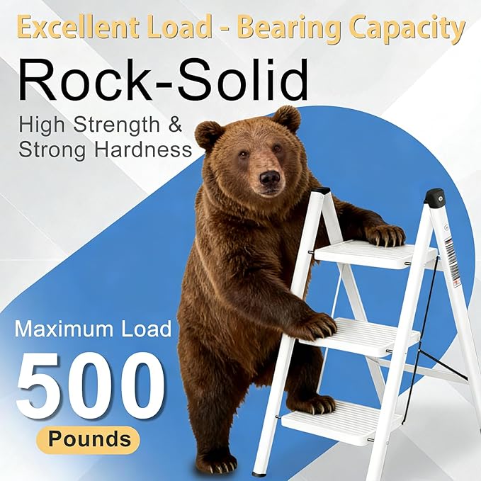 3 Step Ladder Folding Step Stool with 500LBS Capacity Sturdy Carbon Steel Frame Anti-Slip Thick Pedal & Feet Portable for Home Kitchen Garage (white-3step)