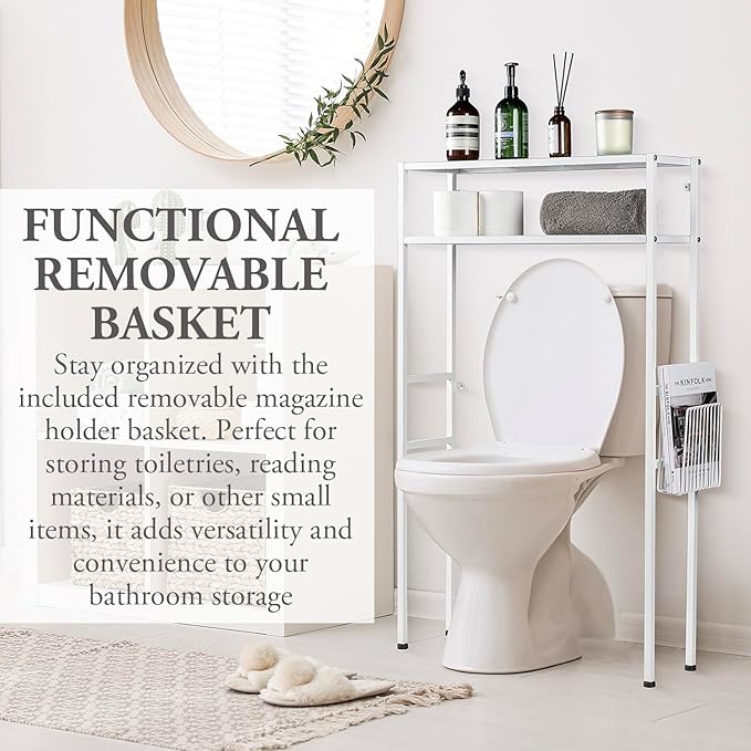 MyGift Over The Toilet Storage, 2-Tier Over Toilet Bathroom Organizer with Removable Magazine Holder Basket, Fit Most Toilets, Space-Saving, Easy Assembly, White