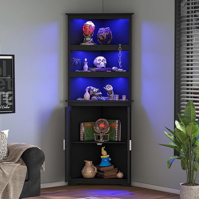 TEENFON Corner Cabinet, Tall Corner Hutch with 5 Shelves & 2 Doors, Bathroom Cabinet with Adjustable Shelf, for Living Room, Kitchen, Bathroom, Black