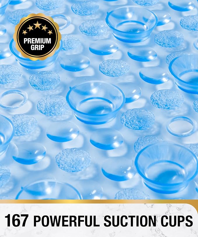 HITSLAM Oval Bathtub Mat Non Slip, 27x15 Inch Bubble Bath Tub Mat for Bathroom, Machine Washable Shower Mat with Suction Cups and Drain Holes, Blue