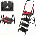 4 Step Foldable Step Ladder with Roomy Tool Tray, Platform Ladders Stepstools, Step Stool 4 Step Folding with Wide Non-Slip Pedals and 800lbs Bearing Capacity for Adults, Home, Kitchen, Black Red