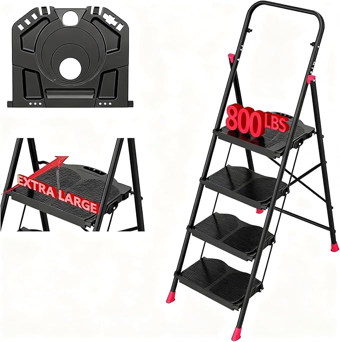 4 Step Foldable Step Ladder with Roomy Tool Tray, Platform Ladders Stepstools, Step Stool 4 Step Folding with Wide Non-Slip Pedals and 800lbs Bearing Capacity for Adults, Home, Kitchen, Black Red