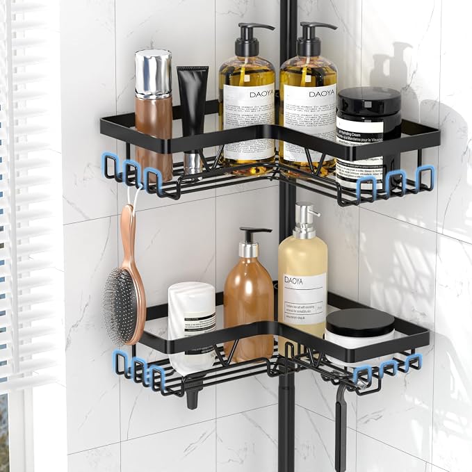 DAOYA Shower Caddy Tension Pole, 4 Adjustable Corner Shower Caddy with 2 Towel Bars & 2 Soap Holders, Expands 25 to 114.2 Inches, Black Stainless Steel for bathroom/Tub/Corner