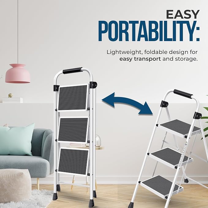 Simpli-Magic 3-Step Ladder, 350 LBS Capacity Folding Step Stool – Anti-Slip Wide Steps & Handgrip – ANSI Certified Lightweight & Durable Aluminum Stepping Stool for Kitchen, Home, Office & Garage