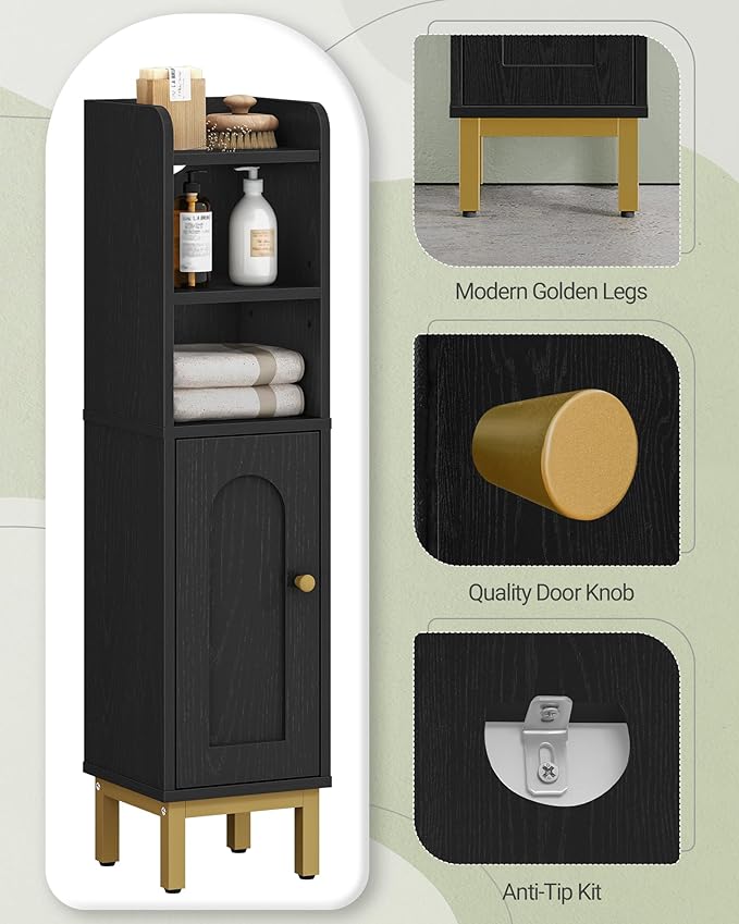 Hzuaneri Bathroom Storage Cabinet, Small Corner Floor Cabinet with Door and Shelves, Narrow Toilet Paper Holder, Bathroom Organizer with Adjustable Shelf, for Small Spaces, Black BC08206X