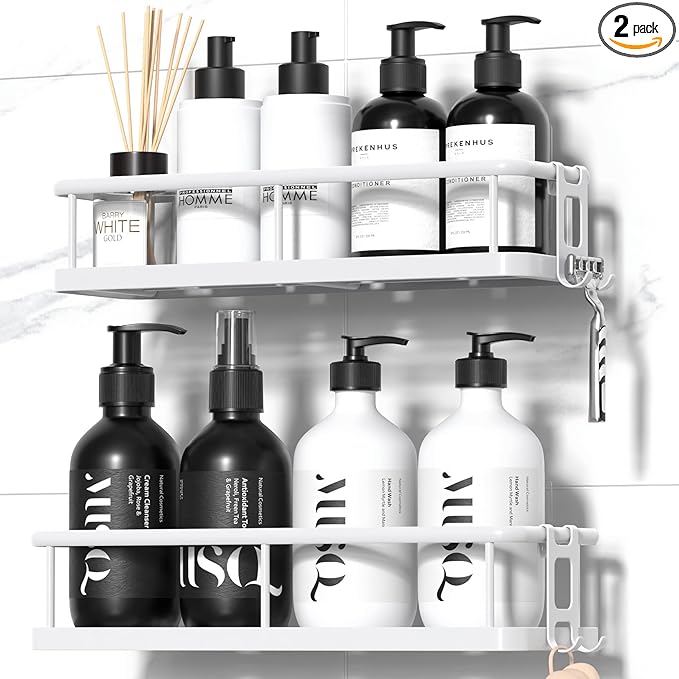 YASONIC Shower Caddy Adhesive, No Drill Bathroom Shower Organizers, with Removable Hooks, Rust Proof Shower Shelves, Wall-Mounted Shower Holder, White, 2 Pack
